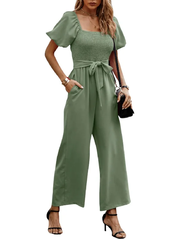 Savings Soar This Weekend Smocked Wide Leg Jumpsuit In Green