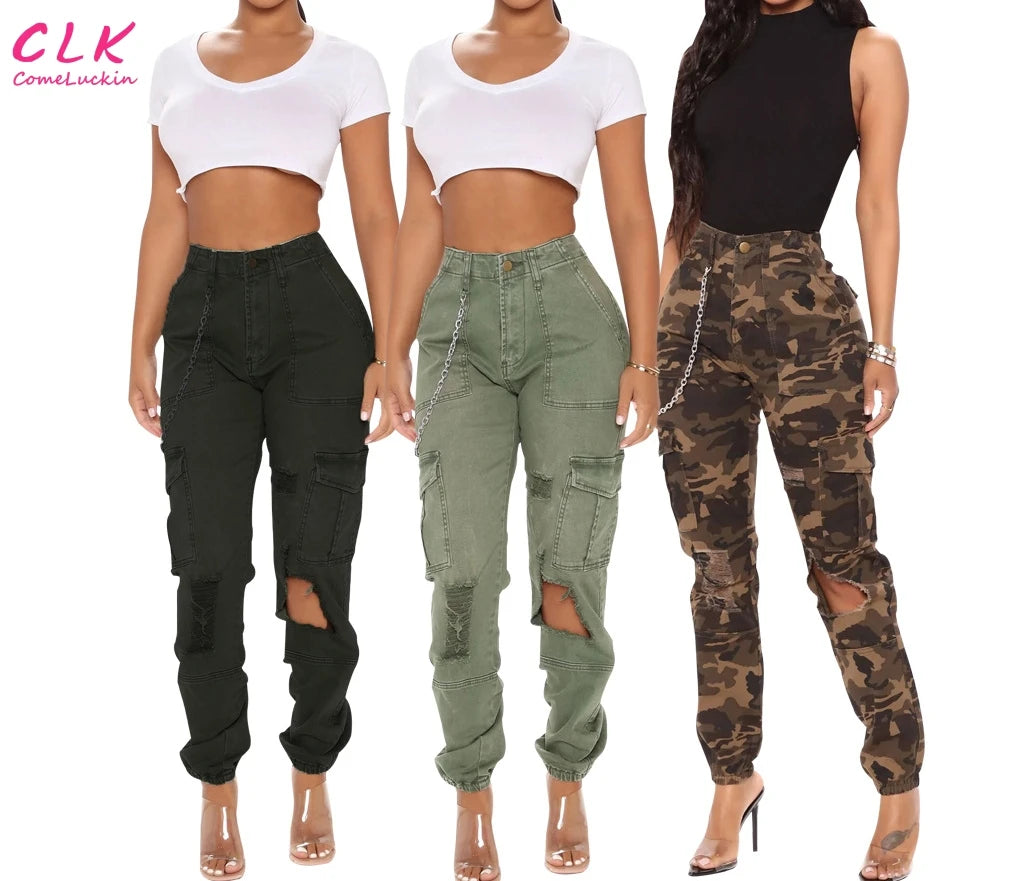 Grand Opening Sale Grand Opening Sale Hollow Out Ripped Jeans Women Casual Big Pocket Denim Trouser 2023 High Waist Stretch Camouflage Cargo Jeans Woman