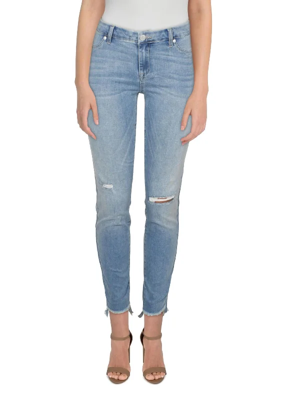 Weekend Savings Bonanza Spray-On Womens Mid-Rise Distressed Skinny Jeans