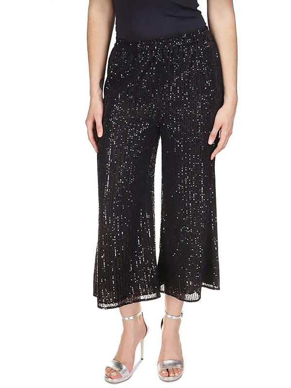 Act Now Petites Womens Sequined Wide Leg Cropped Pants