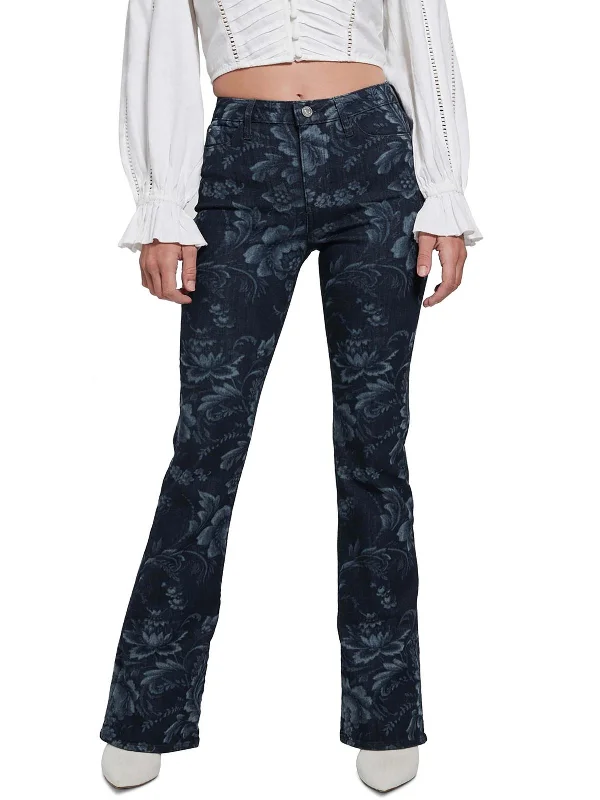 Crazy Deals Adeline Womens High Rise Floral Print Flared Jeans