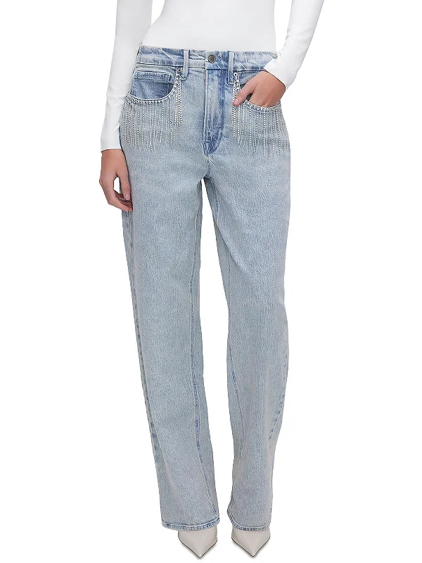 Low Cost 90's Diamond Fringe Womens High-Rise Light Wash Straight Leg Jeans