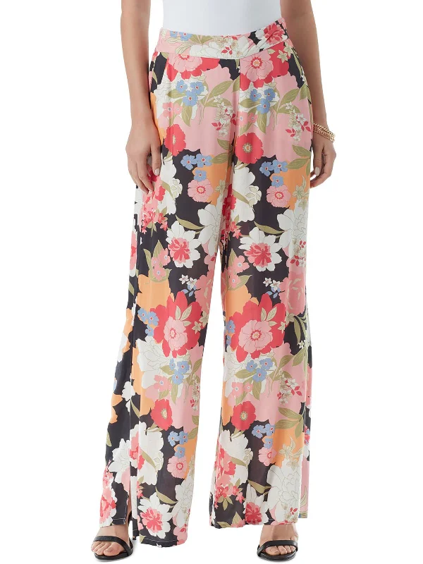 Referral Discount Womens Floral Print Elastic Wide Leg Pants