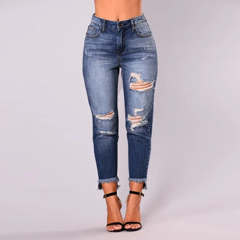 Year-End Sale Year-End Sale Skinny Stretch High Waist Hole Breaking Denim Pencil Pants Wholesale Womens Clothing