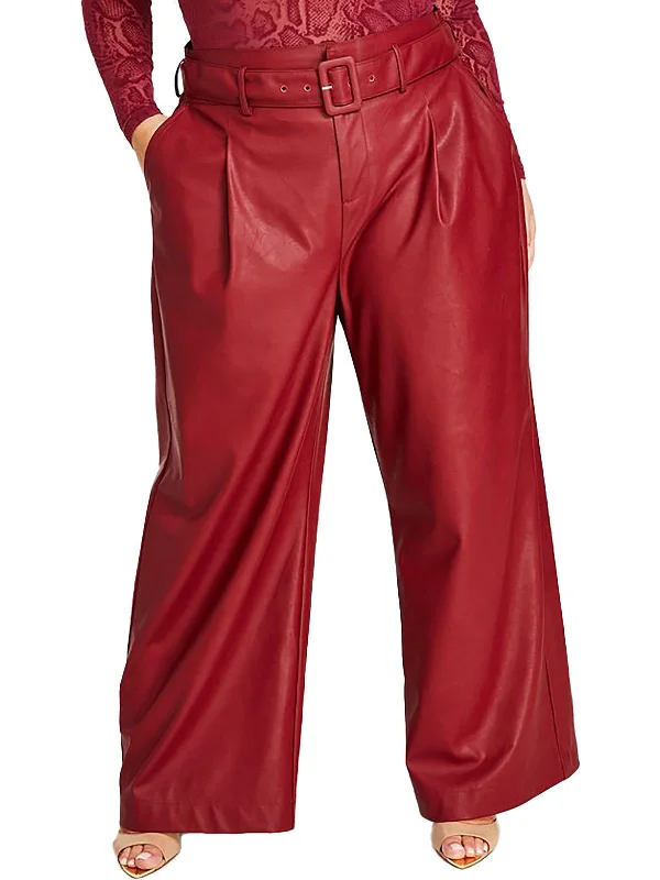 Deal Alert Plus Womens Faux Leather Belted Wide Leg Pants