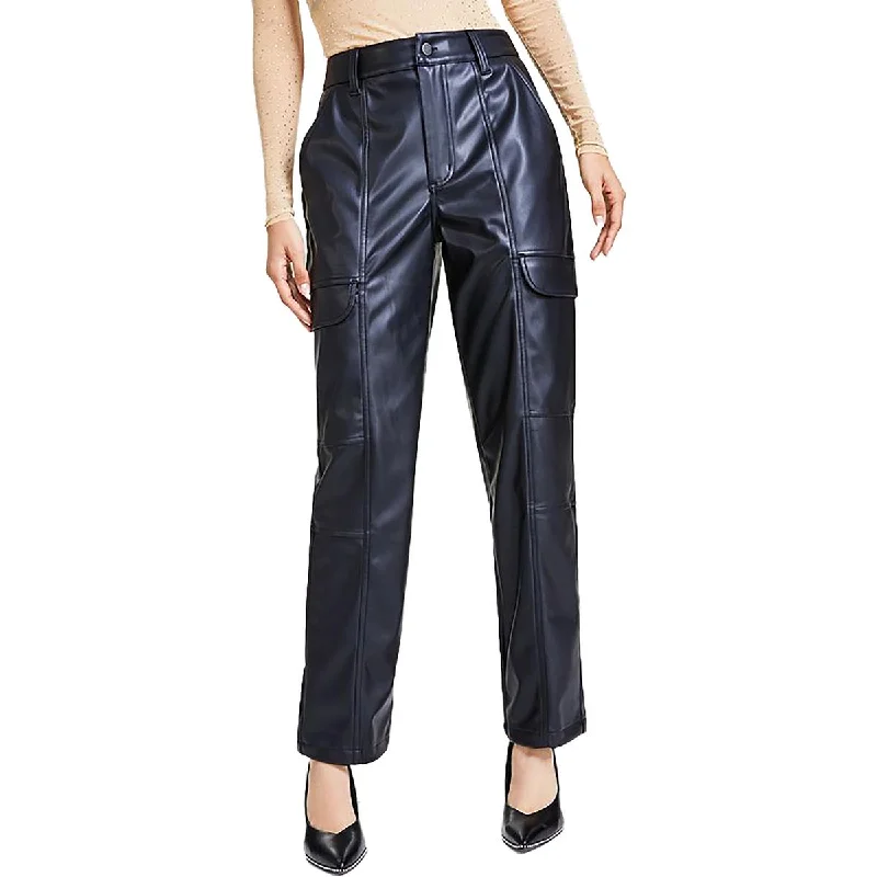 Savings Galore Petites Womens High Rise Faux Leather Cargo Pants