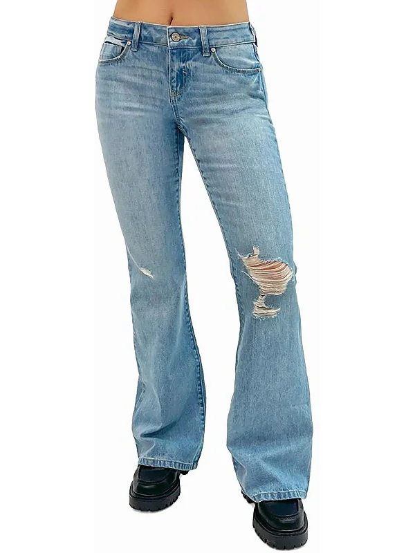 Amazing Deals Juniors Womens Low-Rise Destroyed Flared Jeans