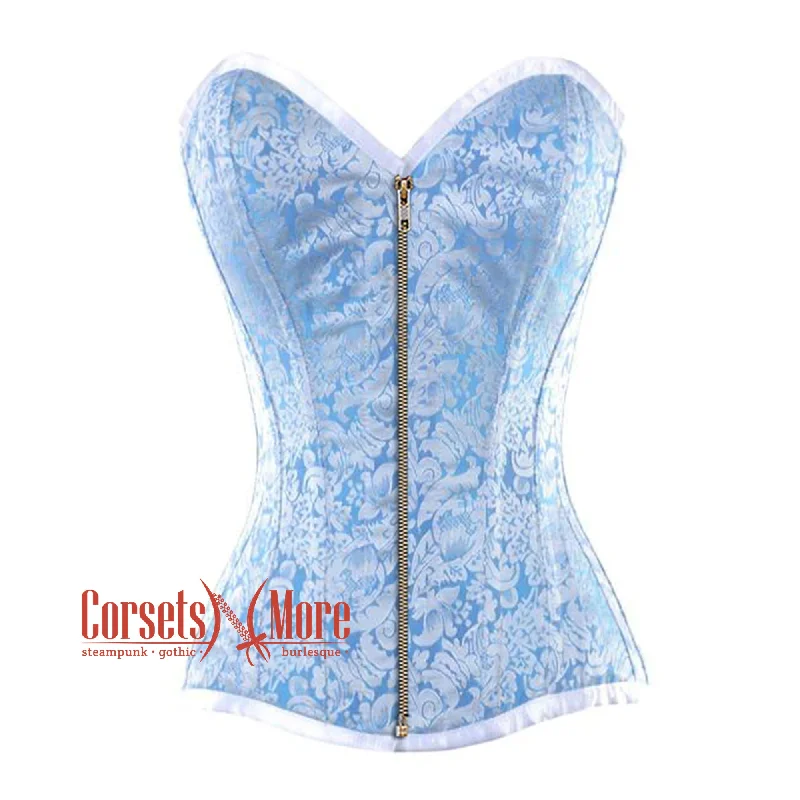 Low Prices Baby Blue And White Brocade With Antique Zipper Overbust Corset