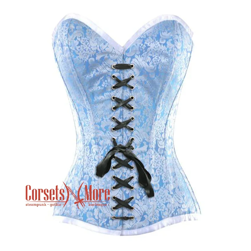 Hurry In Baby Blue And White Brocade With Front Lace Overbust Corset