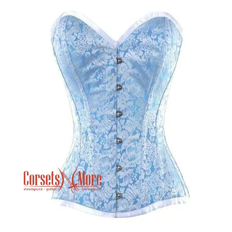 Major Savings Baby Blue And White Brocade With Front Silver Busk Overbust Corset
