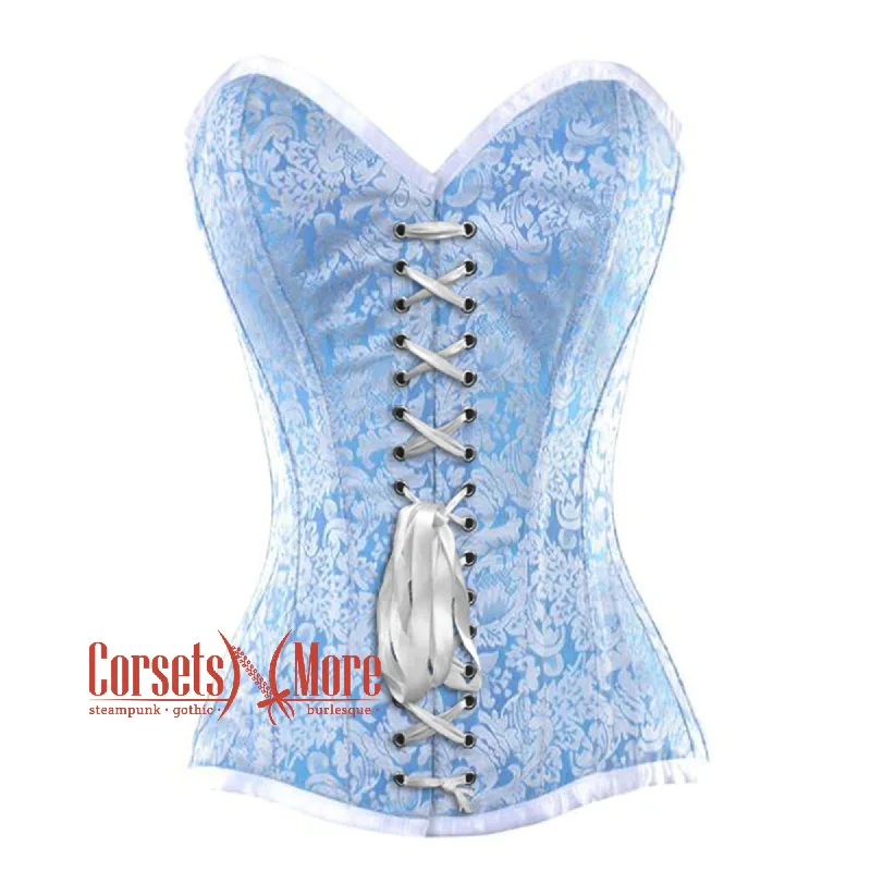 Final Clearance Baby Blue And White Satin With Front White Lace Overbust Corset
