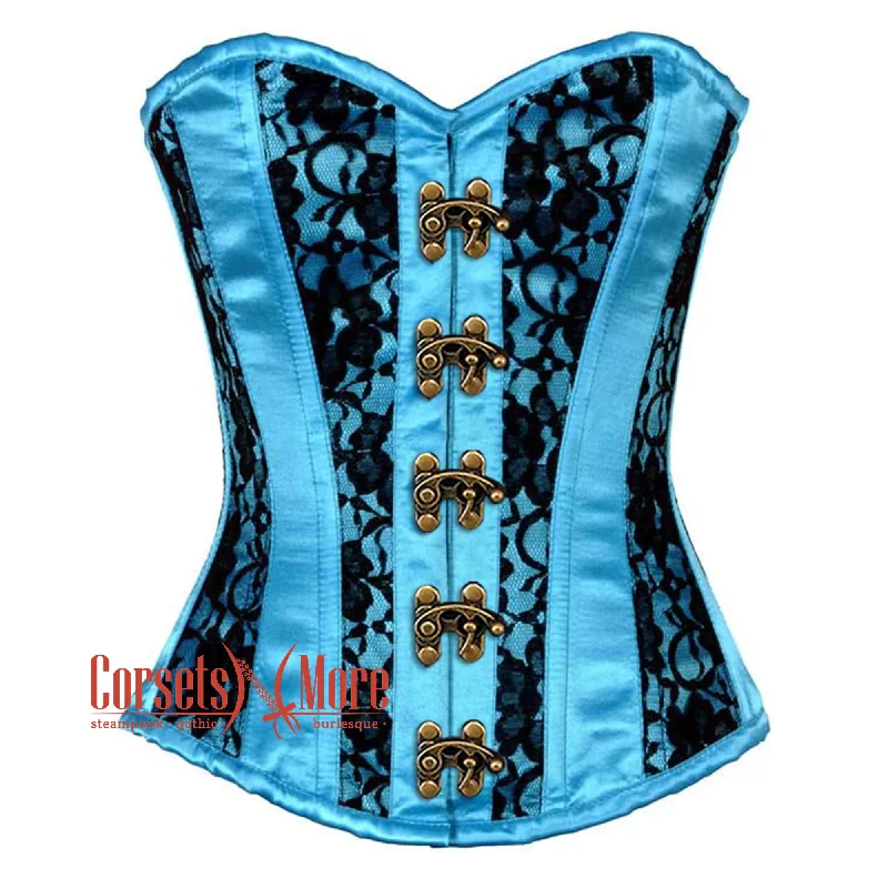 Special Savings Baby Blue Satin With Black Net Front Clasps Gothic Overbust Burlesque Corset Special Savings Baby Blue Satin With Black Net Front Clasps Gothic Overbust Burlesque Corset