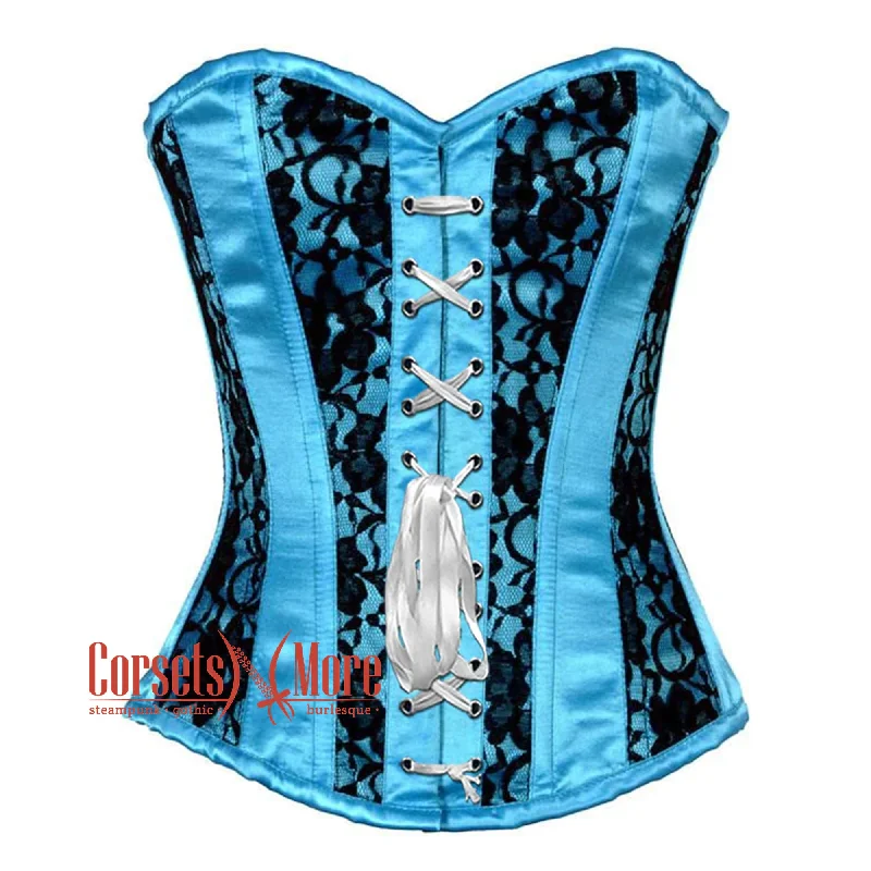 While Supplies Last Baby Blue Satin With Black Net Front Ribbon Gothic Overbust Burlesque Corset