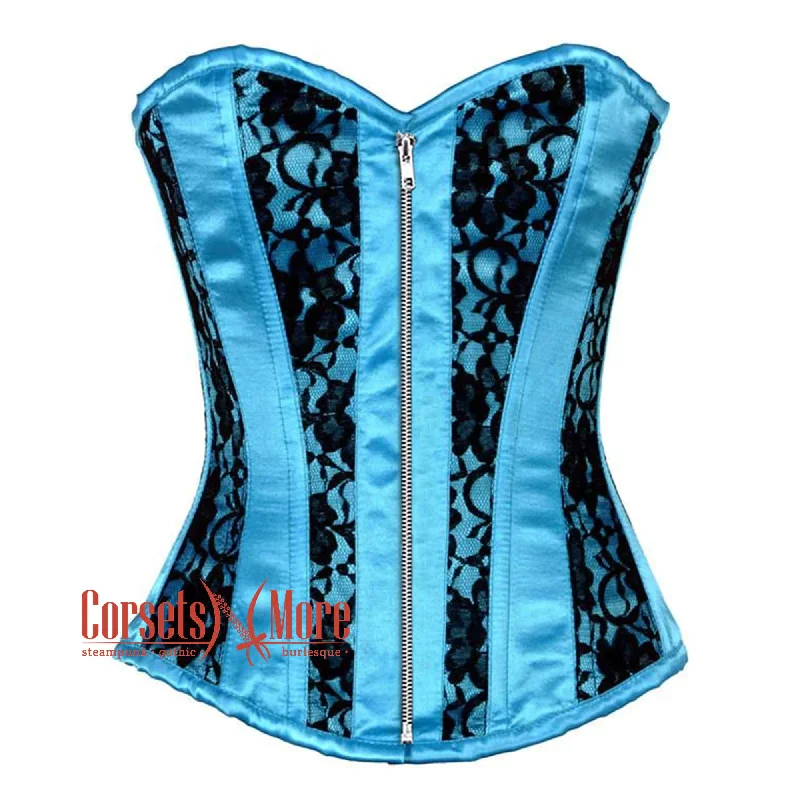 Clearance Event Baby Blue Satin With Black Net Front Zipper Gothic Overbust Burlesque Corset Clearance Event Baby Blue Satin With Black Net Front Zipper Gothic Overbust Burlesque Corset