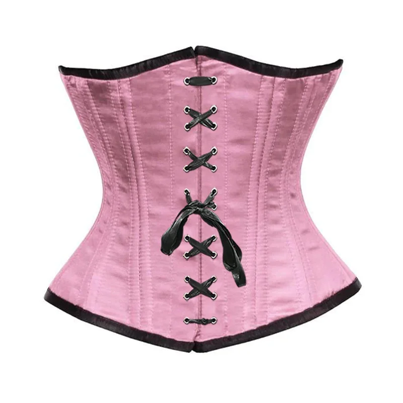 Huge Savings Baby Pink Satin Double Bone Front Black Ribbon Gothic Underbust Bustier Corset Huge Savings Baby Pink Satin Double Bone Front Black Ribbon Gothic Underbust Bustier Corset