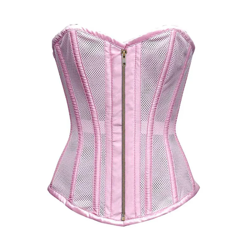 Deep Savings Baby Pink Satin Mesh Front Antique Zipper Overbust Corset