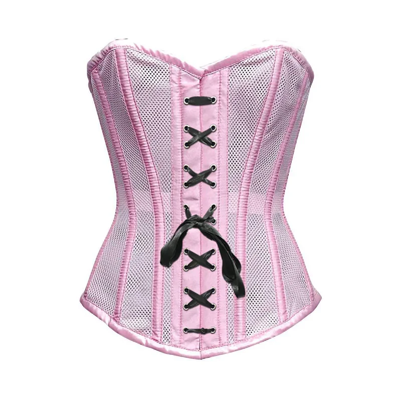 Crazy Savings Baby Pink Satin Mesh Front Black Ribbon Overbust Corset