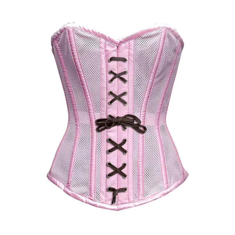 Extra Discount Baby Pink Satin Mesh Front Brown Lace Overbust Corset