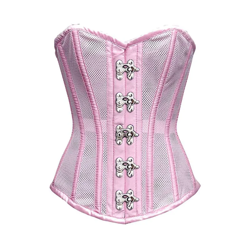 One-Day Only Baby Pink Satin Mesh Front Clasps Overbust Corset