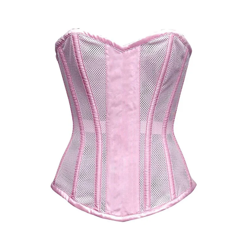 Low Cost Baby Pink Satin Mesh Front Closed Overbust Corset