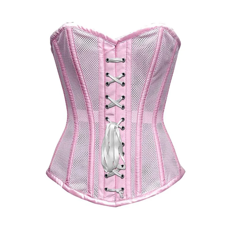 Price Slash Baby Pink Satin Mesh Front White Ribbon Overbust Corset
