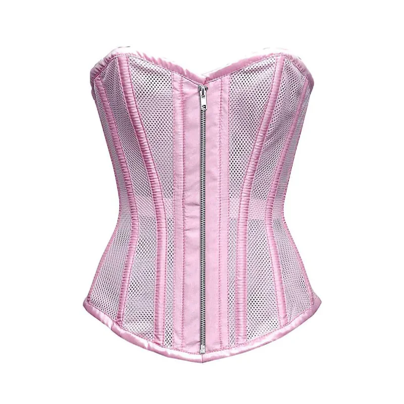 Savings Event Baby Pink Satin Mesh Zipper Overbust Corset