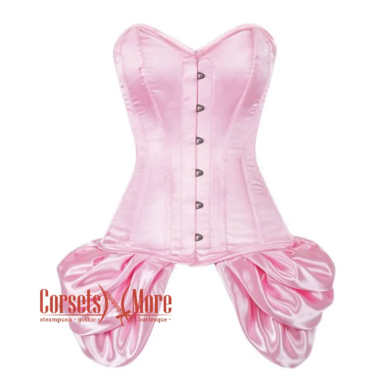 Super Sale Baby Pink Satin With Front Silver Busk Overbust Corset