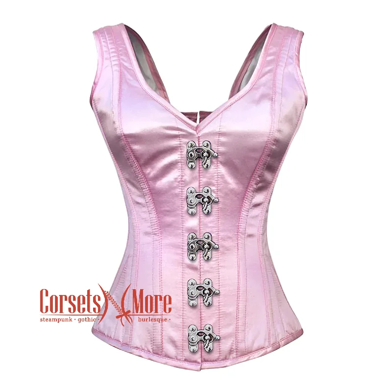 Don't Miss Baby Pink Satin With Front Silver Clasps Gothic Overbust Burlesque Corset Waist Training Top Don't Miss Baby Pink Satin With Front Silver Clasps Gothic Overbust Burlesque Corset Waist Training Top