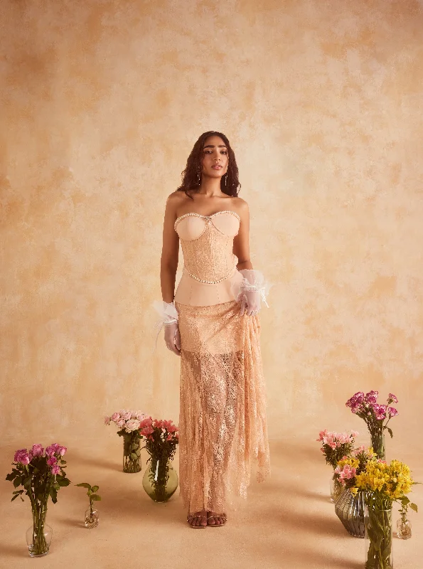 Mega Sale Flavia Beige Tube Corset & Mesh Maxi Skirt