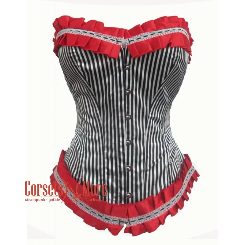 Epic Deals Black And White Cotton Striped With Red Frill Gothic Overbust Corset