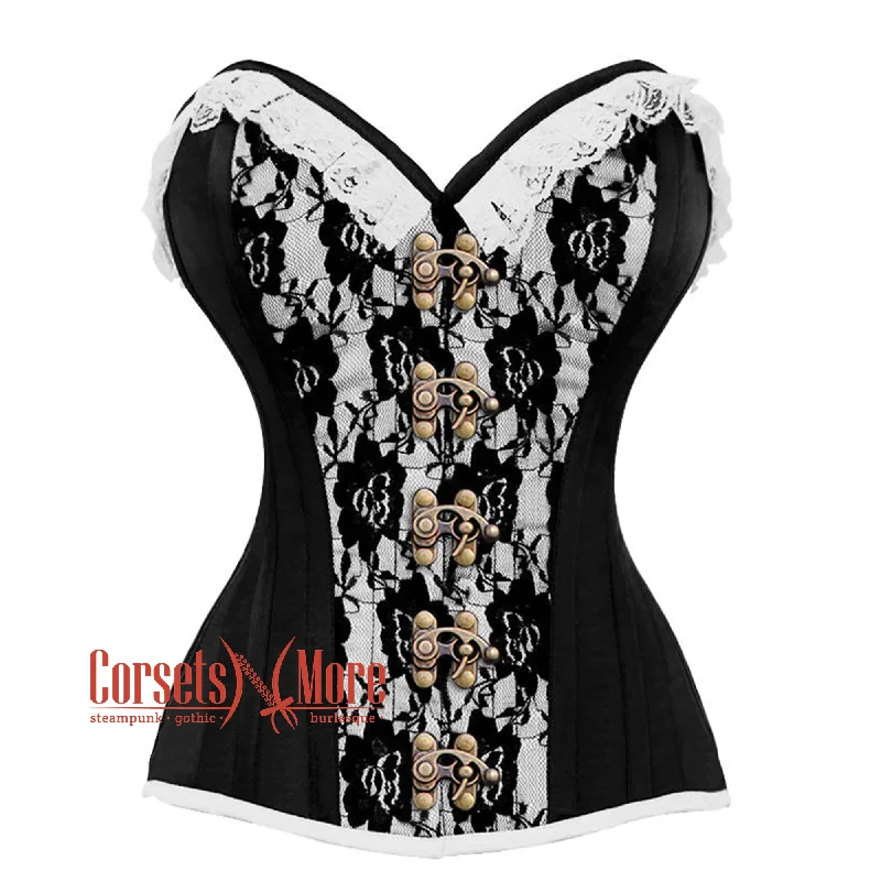 Hot Deal Black And White Satin With Front Antique Clasps Overbust Corset