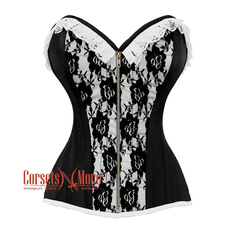 Price Slash Black And White Satin With Front Antique Zipper Overbust Corset