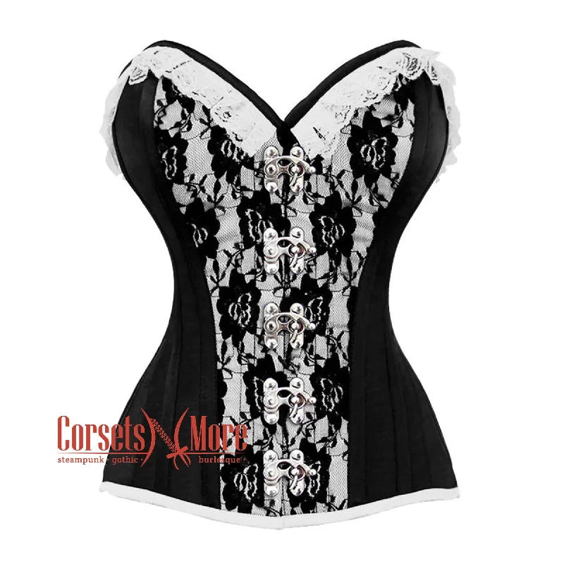 Members Only Black And White Satin With Front Clasps Overbust Corset