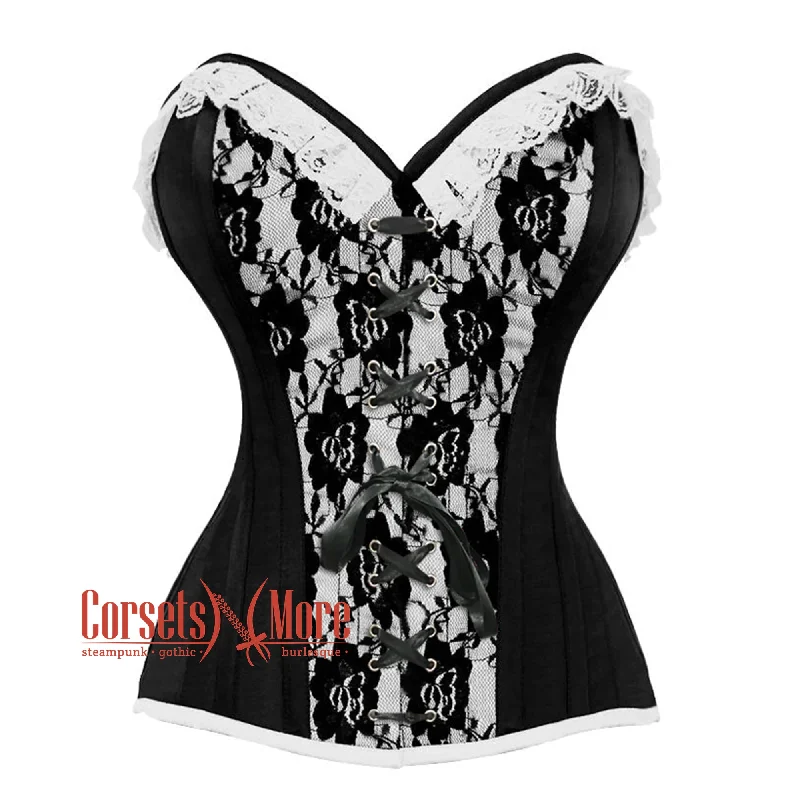Doorbuster Deal Black And White Satin With Front Ribbon Overbust Corset