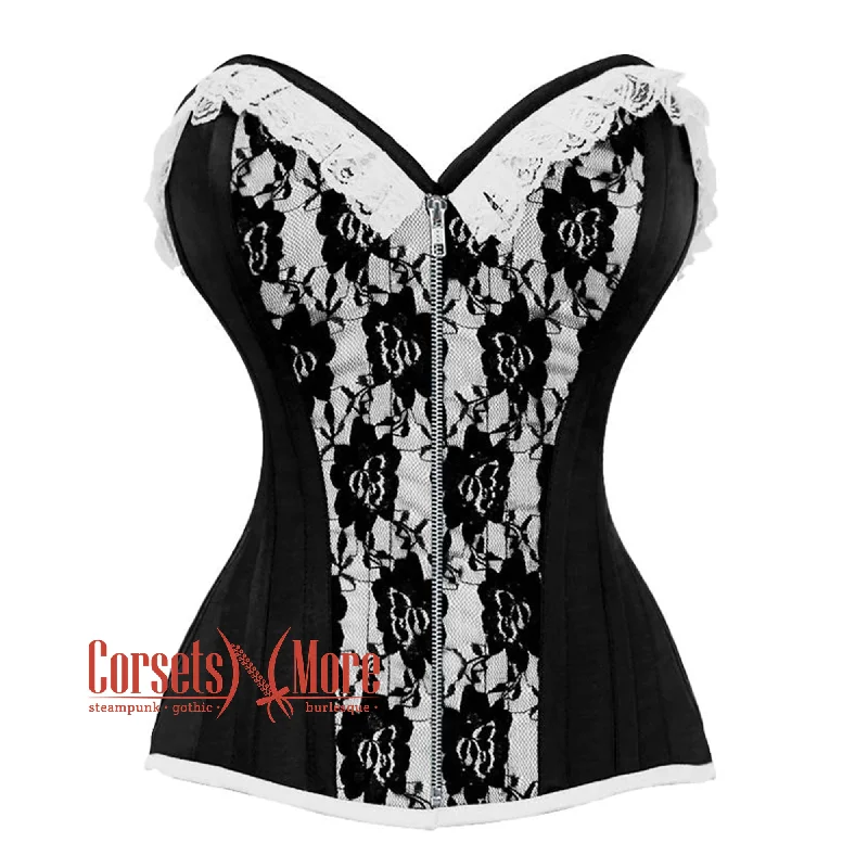Grand Opening Sale Black And White Satin With Front Silver Zipper Overbust Corset