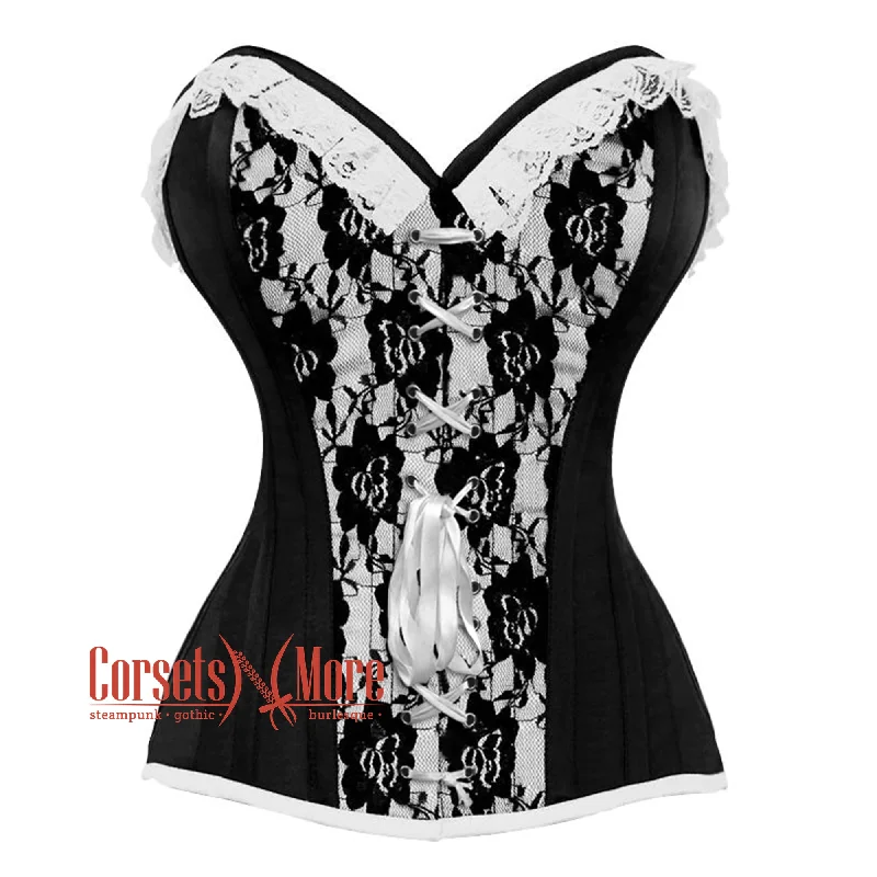 Last Chance Black And White Satin With Front White Ribbon Overbust Corset