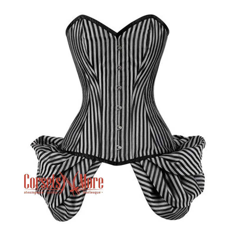 Deal Zone Black And White Striped Brocade With Front Silver Busk Overbust Corset