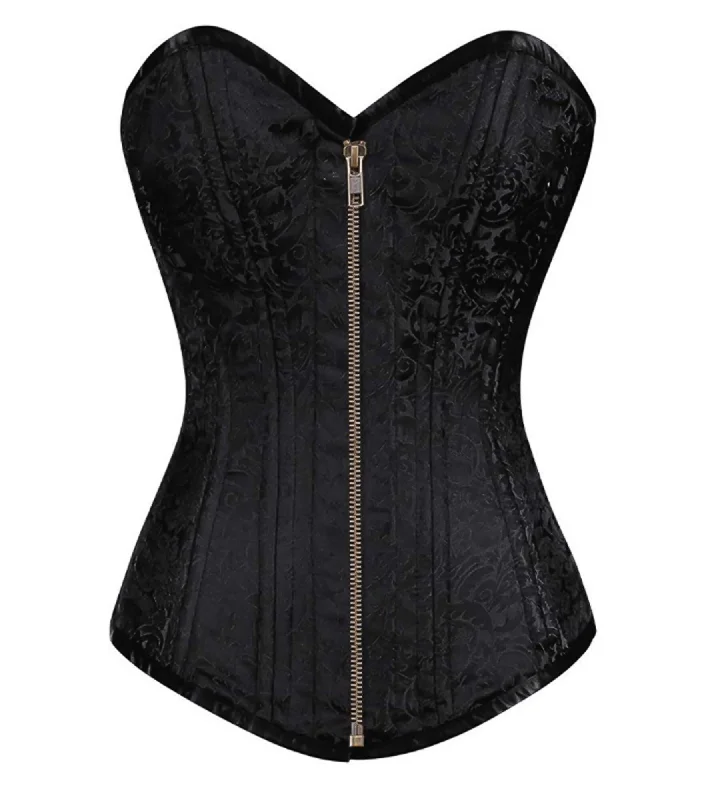 Steals and Deals Steals and Deals Black Brocade Spiral Steel Boned LONGLINE Corset Waist Training Goth Burlesque Costume Zipper Overbust Bustier Top