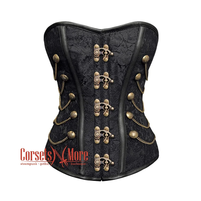 Now or Never Black Brocade Steampunk Antique Clasps Waist Training Costume Gothic Corset Overbust Top