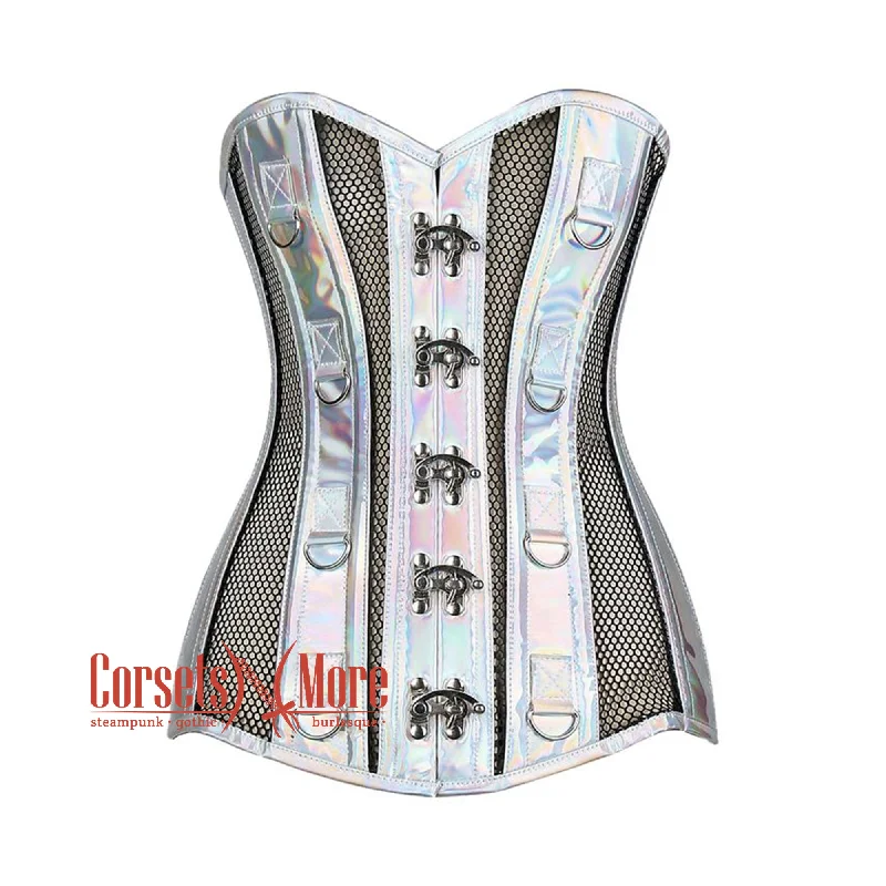 Lowest Price Black Mesh Holographic Faux Leather Long Steampunk Overbust Bustier Corset Lowest Price Black Mesh Holographic Faux Leather Long Steampunk Overbust Bustier Corset
