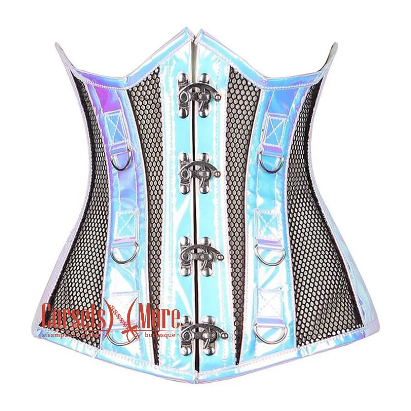 Weekend Savings Sensation Black Mesh Silver Faux Leather Steampunk Underbust Bustier Corset Weekend Savings Sensation Black Mesh Silver Faux Leather Steampunk Underbust Bustier Corset