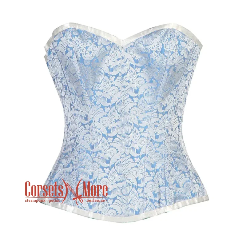 Weekend Deals to Make You Smile Weekend Deals to Make You Smile Blue And White Brocade Front Closed Burlesque Gothic Overbust Corset Bustier Top