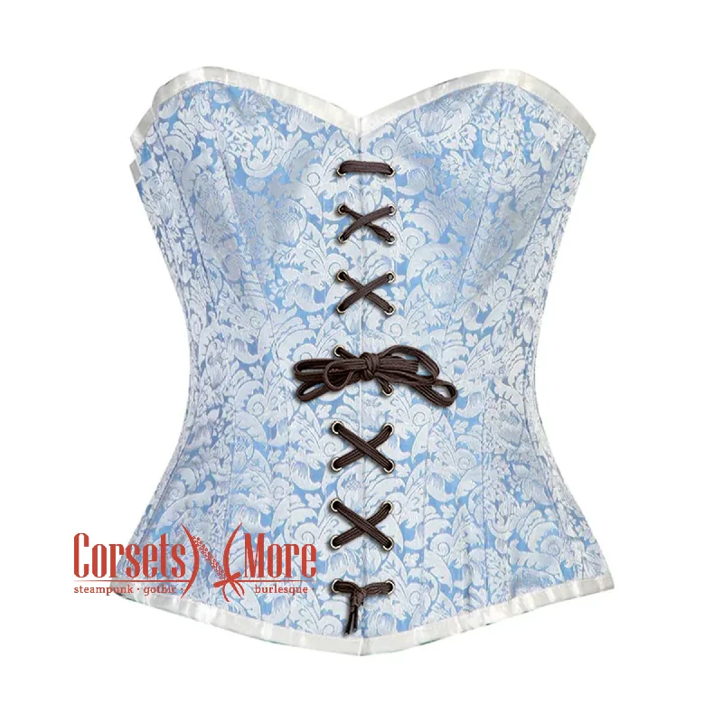 Weekend Bargains Galore Weekend Bargains Galore Blue And White Brocade With Lace Burlesque Gothic Overbust Corset Bustier Top