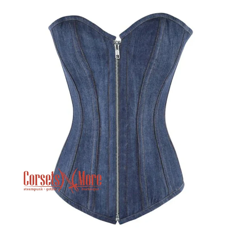 Super Bargain Blue Denim With Silver Zipper Gothic Overbust Burlesque Corset Waist Training Top Super Bargain Blue Denim With Silver Zipper Gothic Overbust Burlesque Corset Waist Training Top