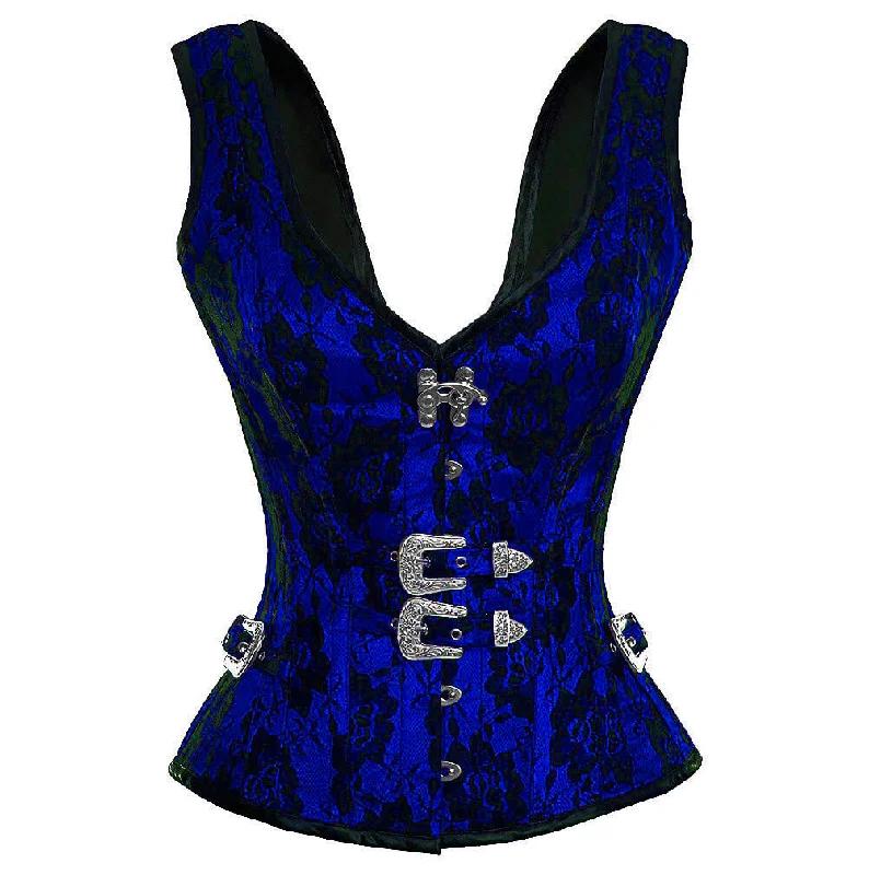 Exclusive Savings Exclusive Savings Blue Satin Corset Net Covered Shoulder Strap Gothic Waist Training Overbust Costume