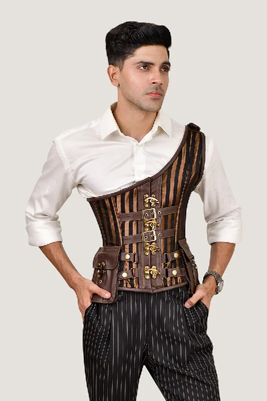 Price Smash Leather-Brocade Corset for Men: Brown-Lined Design