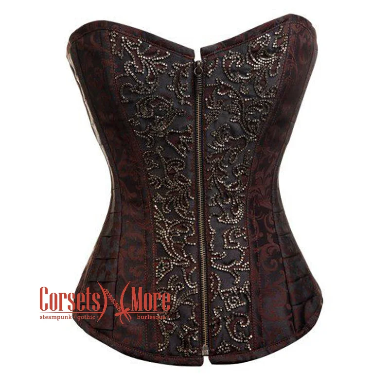Quick Sale Brown And Black Brocade Sequins Work Burlesque Gothic Overbust Bustier Corset Quick Sale Brown And Black Brocade Sequins Work Burlesque Gothic Overbust Bustier Corset