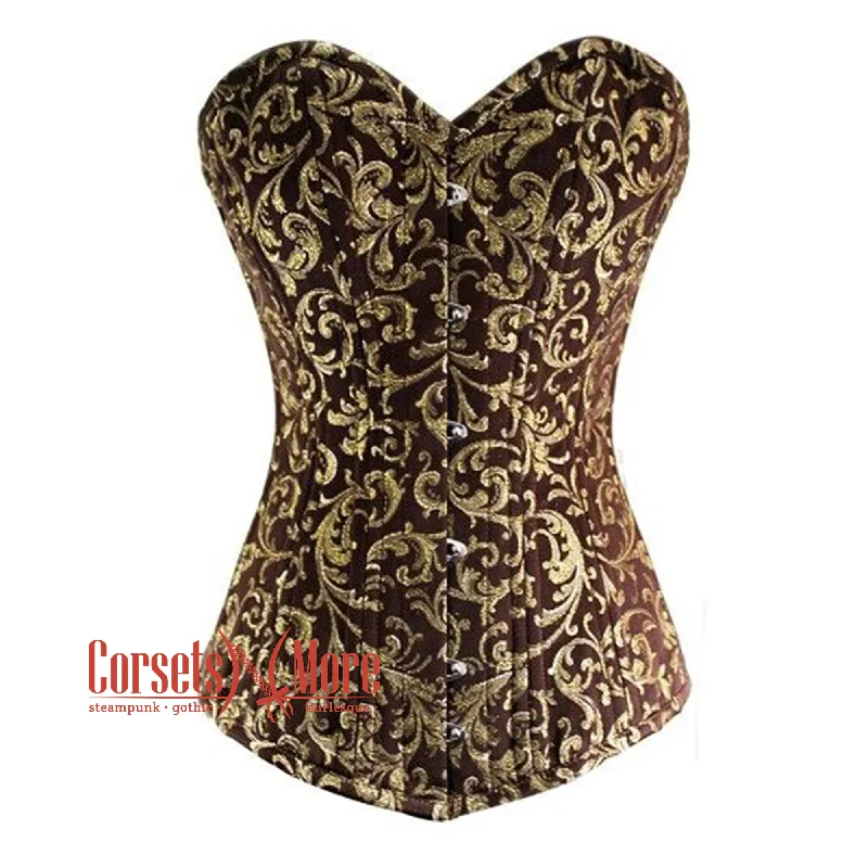 Deal Explosion Brown And Golden Brocade Double Bone Long Steampunk Overbust Bustier Corset Deal Explosion Brown And Golden Brocade Double Bone Long Steampunk Overbust Bustier Corset
