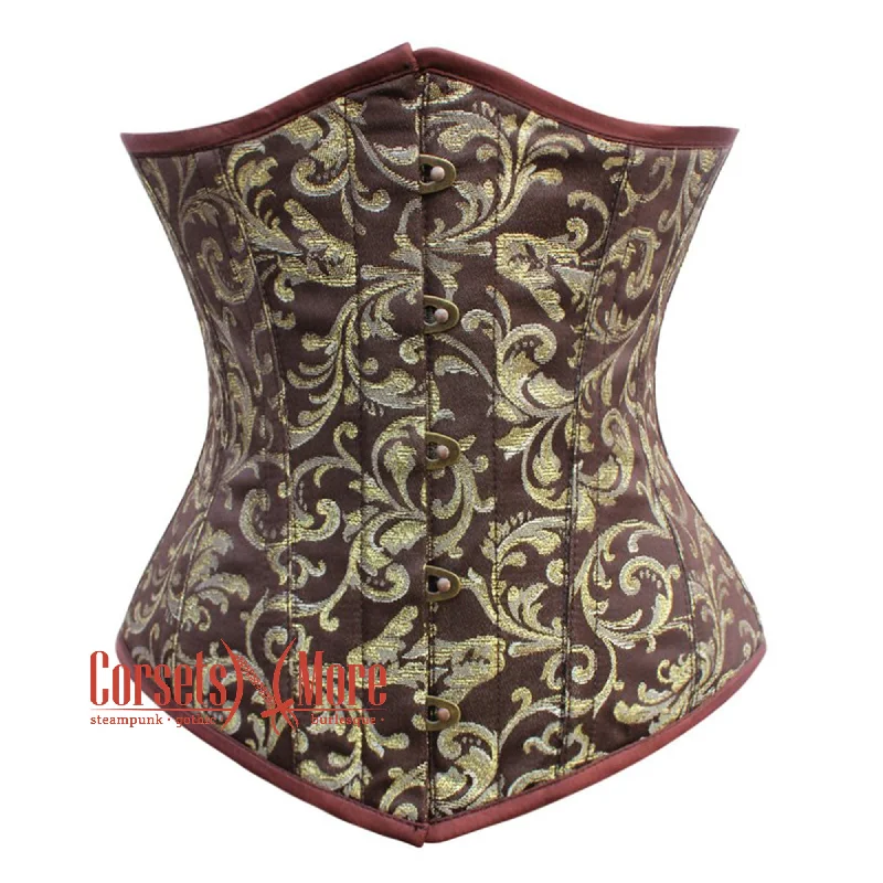 Weekend Discounts to Delight Brown and Golden Brocade Gothic Long Underbust Waist Training Corset