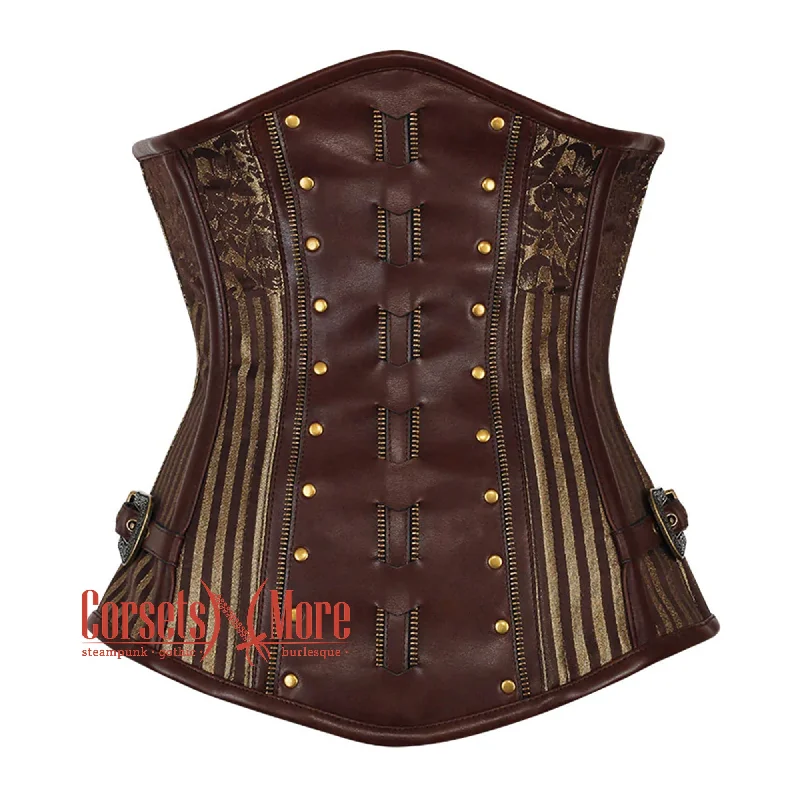 Low Prices Brown and Golden Brocade With Brown Faux Leather Steampunk Heavy Duty Underbust Corset Low Prices Brown and Golden Brocade With Brown Faux Leather Steampunk Heavy Duty Underbust Corset